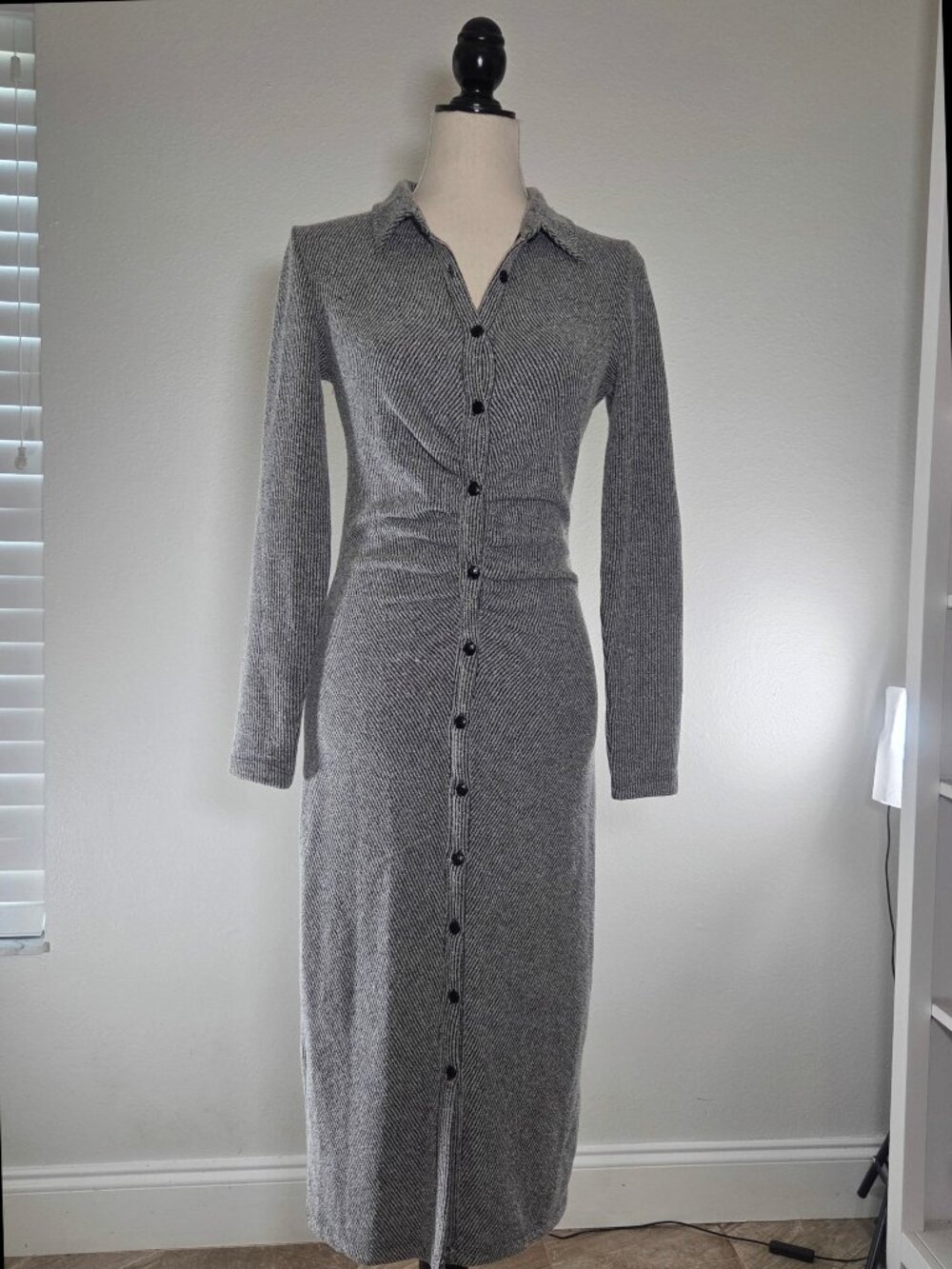 Anthropologie Ribbed Knit Button Front Midi Dress Collar Gray Size S